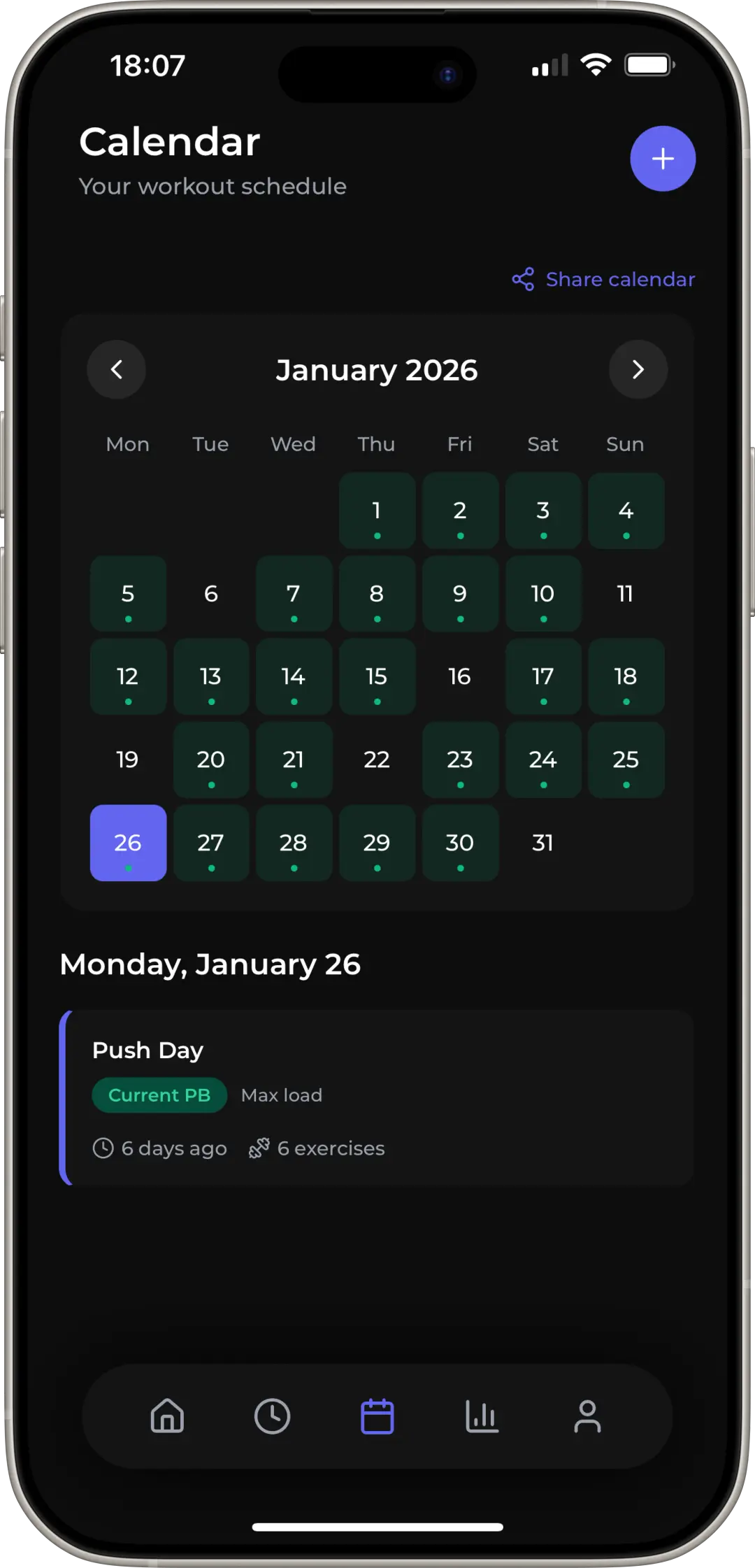 Calendar view highlighting workout schedule